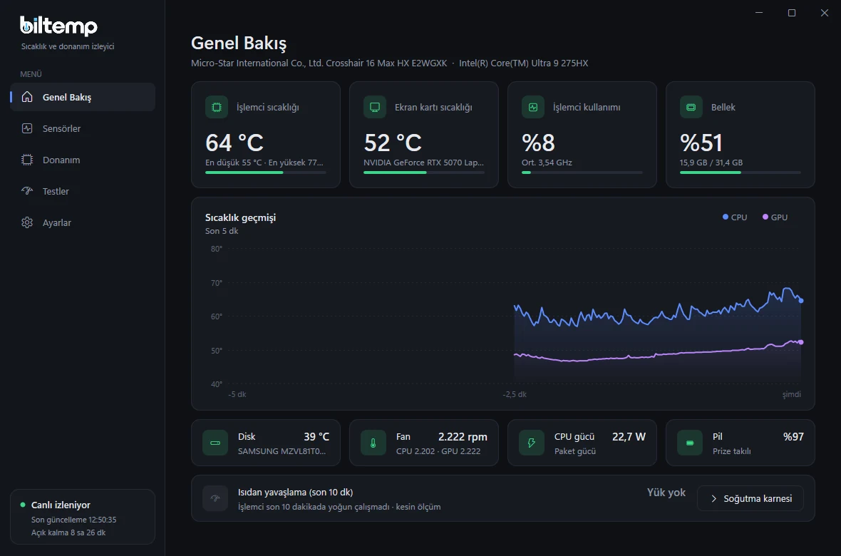 Biltemp genel bakış ekranı: işlemci 64 °C, ekran kartı 52 °C, sıcaklık geçmişi grafiği, disk, fan, güç, pil ve ısıdan yavaşlama kartları