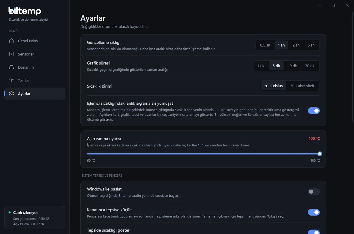 Ayarlar ekranı: güncelleme sıklığı, grafik süresi, sıcaklık birimi ve uyarı eşiği